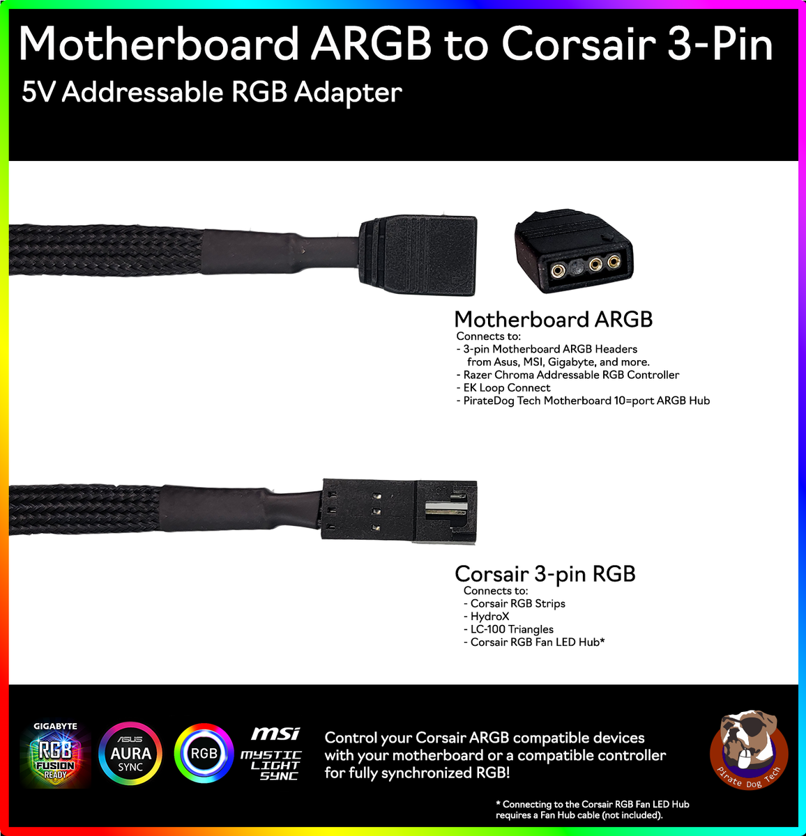 Corsair RGB Fan Hub to Standard ARGB 3-pin 5V Adapter male/female 